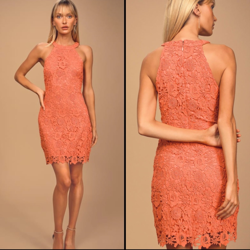Lulu’s Coral Lace Mini Dress